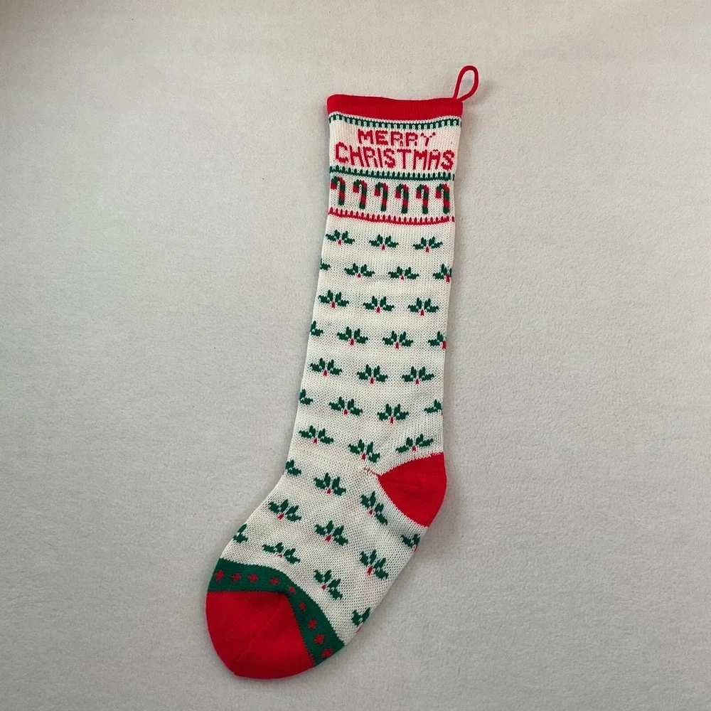Christmas‎ Stocking Knitted Knit White Candy Canes Holly Leaves Merry Taiwan